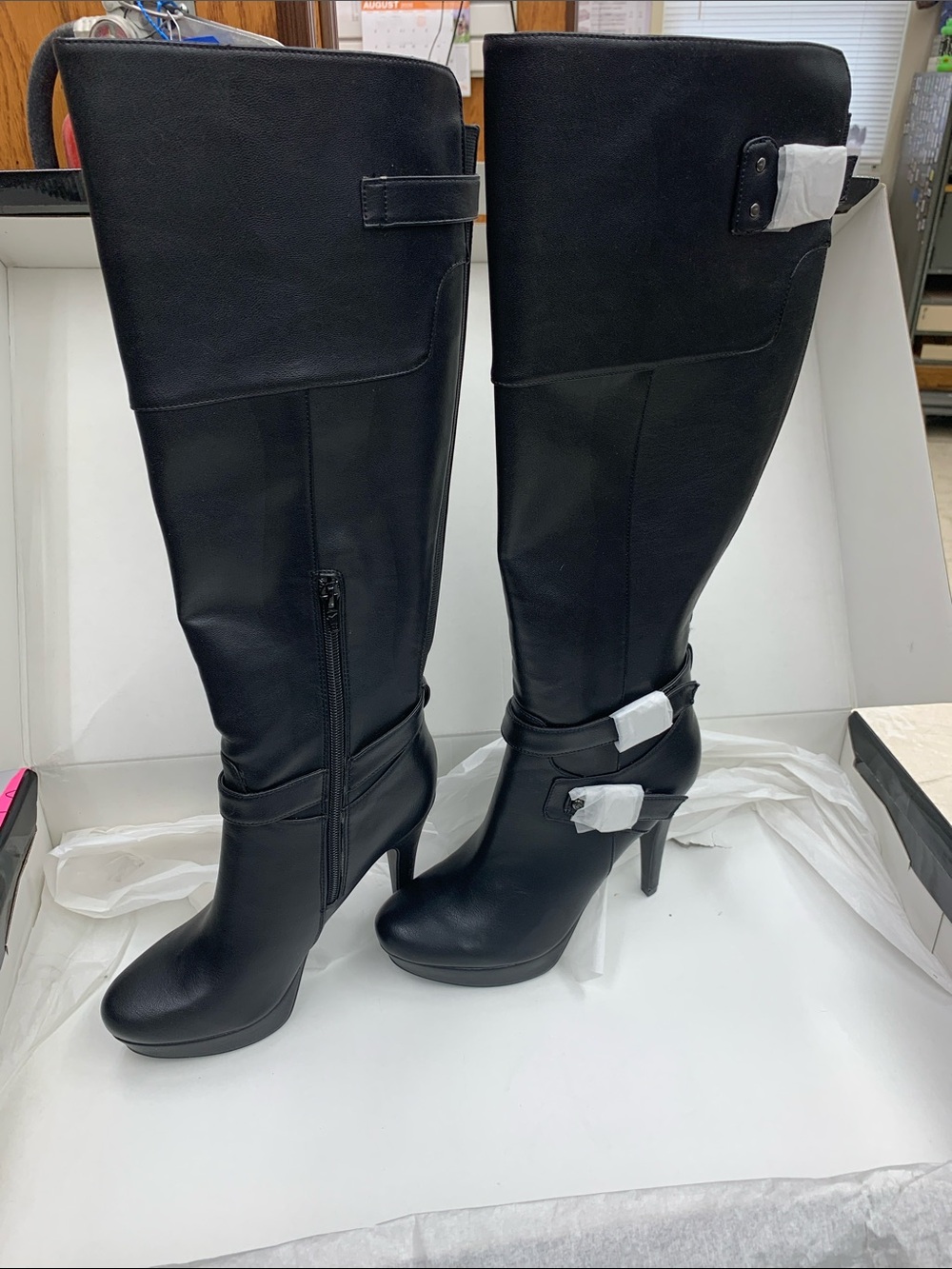 G by Guess Black Knee-High Stiletto Boots with Buckle Detail